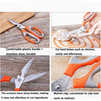 A pair of multi-function kitchen scissors with a magnetic holder against a plain background.