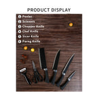 Versatile stainless steel knife set with peeler and scissors for all kitchen tasks.