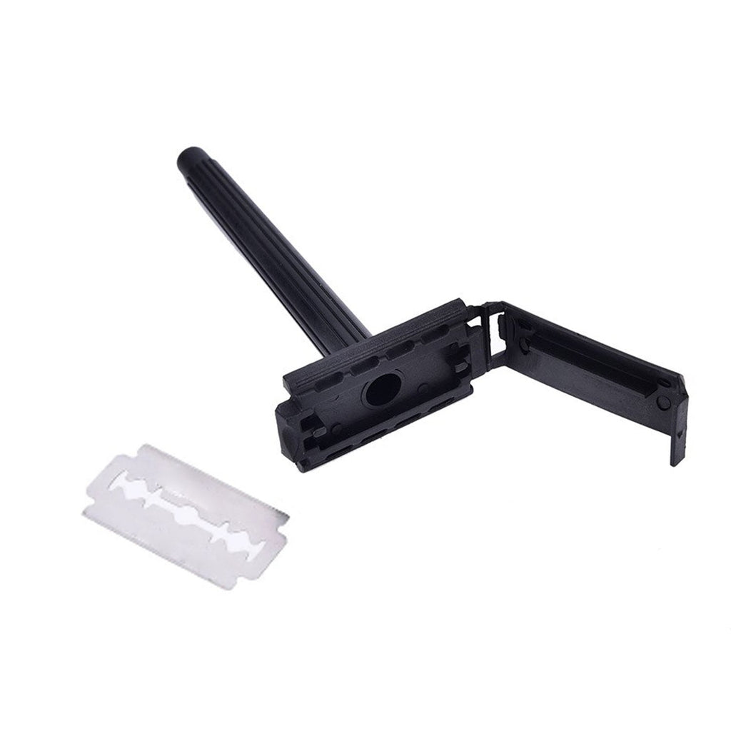 Black razor featuring a durable plastic grip, designed for a steady hold and smooth shave.