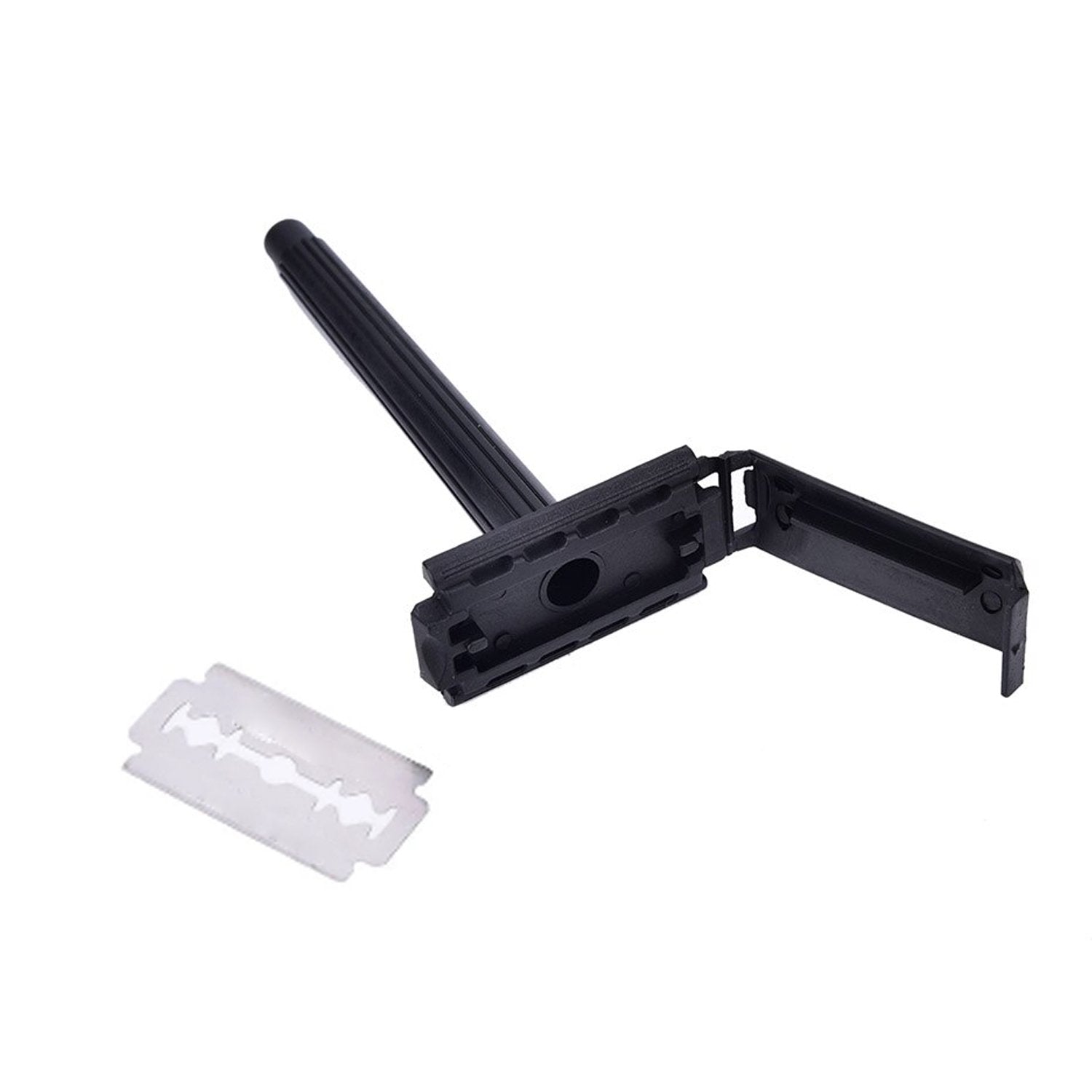 Black razor featuring a durable plastic grip, designed for a steady hold and smooth shave.