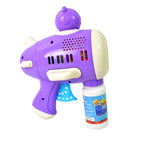 Side view of the automatic bubble gun, showing its unique design and included bubble solution.