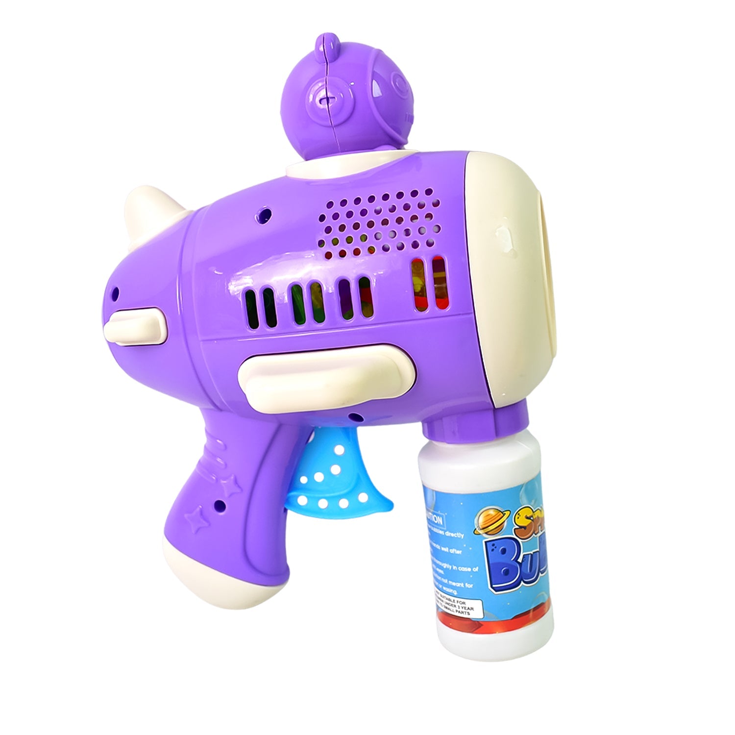 Side view of the automatic bubble gun, showing its unique design and included bubble solution.