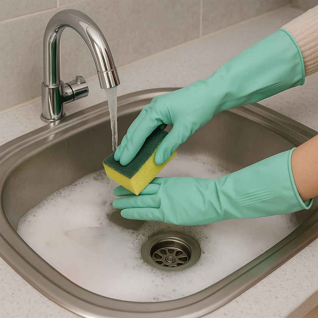 Long cuff rubber cleaning gloves protecting hands during dishwashing