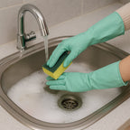 Long cuff rubber cleaning gloves protecting hands during dishwashing