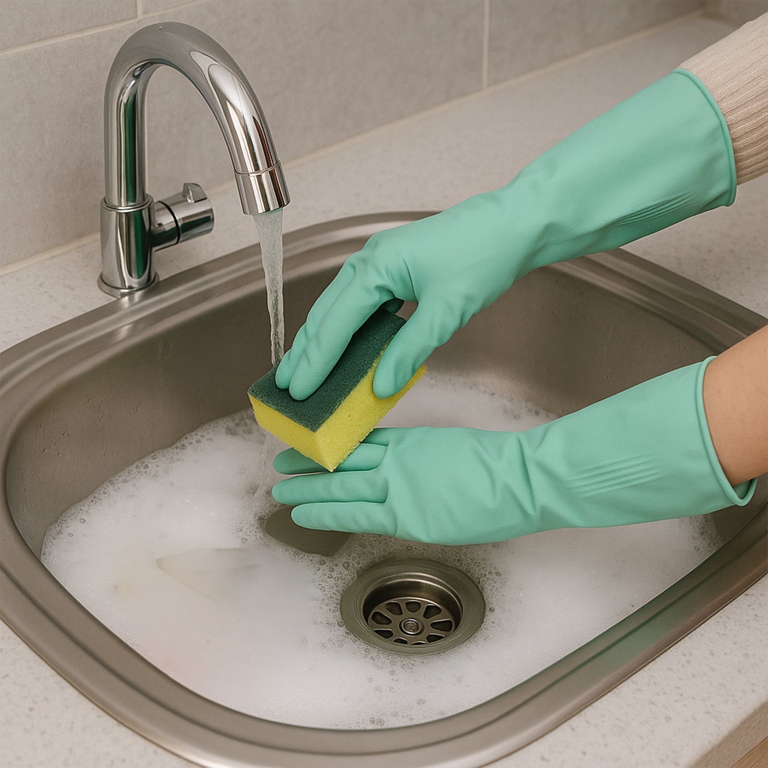 Long cuff rubber cleaning gloves protecting hands during dishwashing