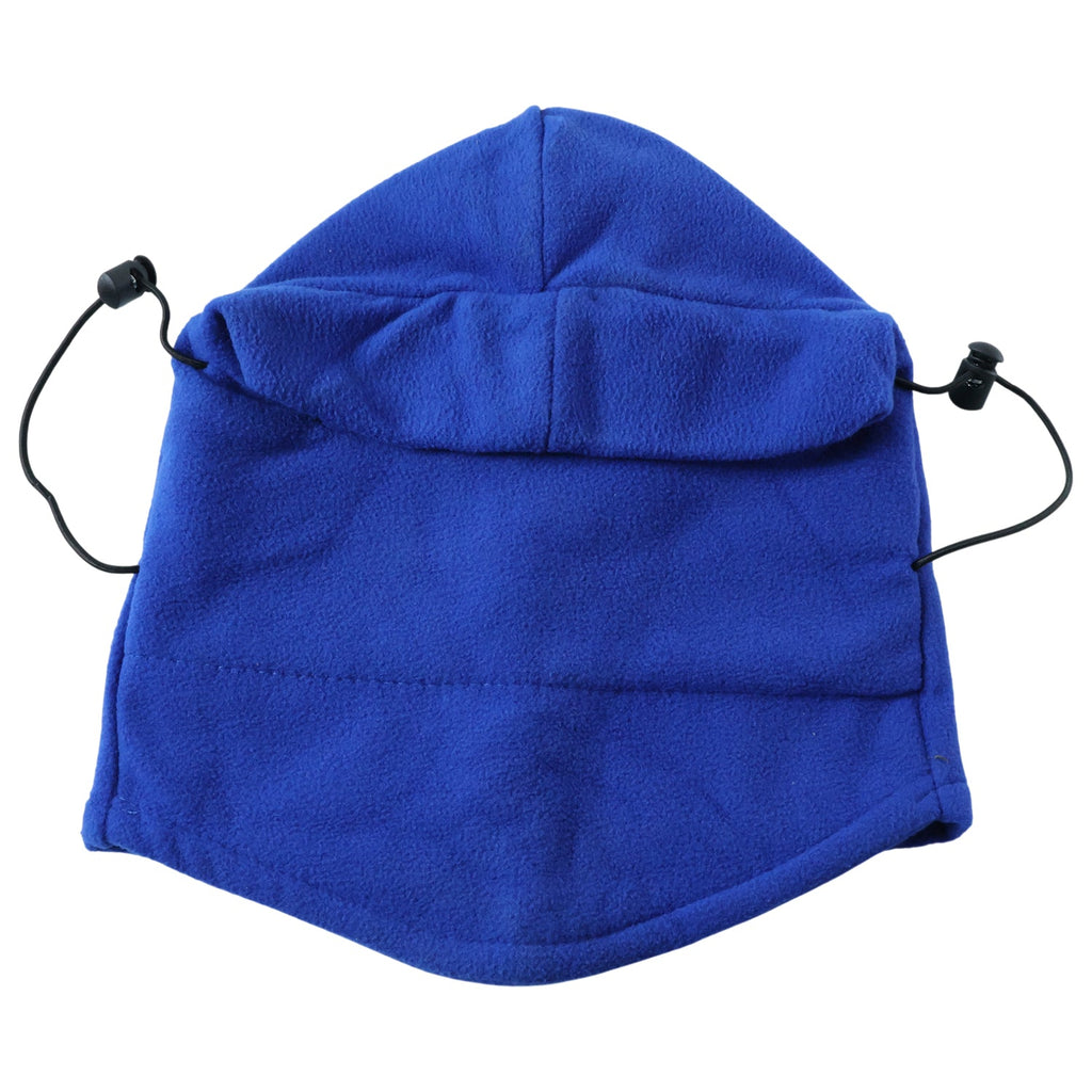 Model demonstrating winter fleece face cover with snug fit and thermal warmth