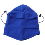 Model demonstrating winter fleece face cover with snug fit and thermal warmth