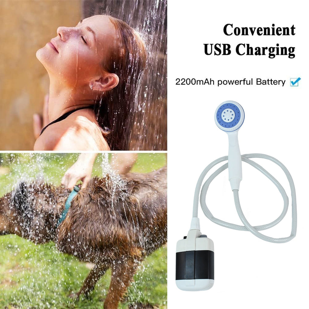 Cordless portable outdoor shower showing USB rechargeable submersible pump