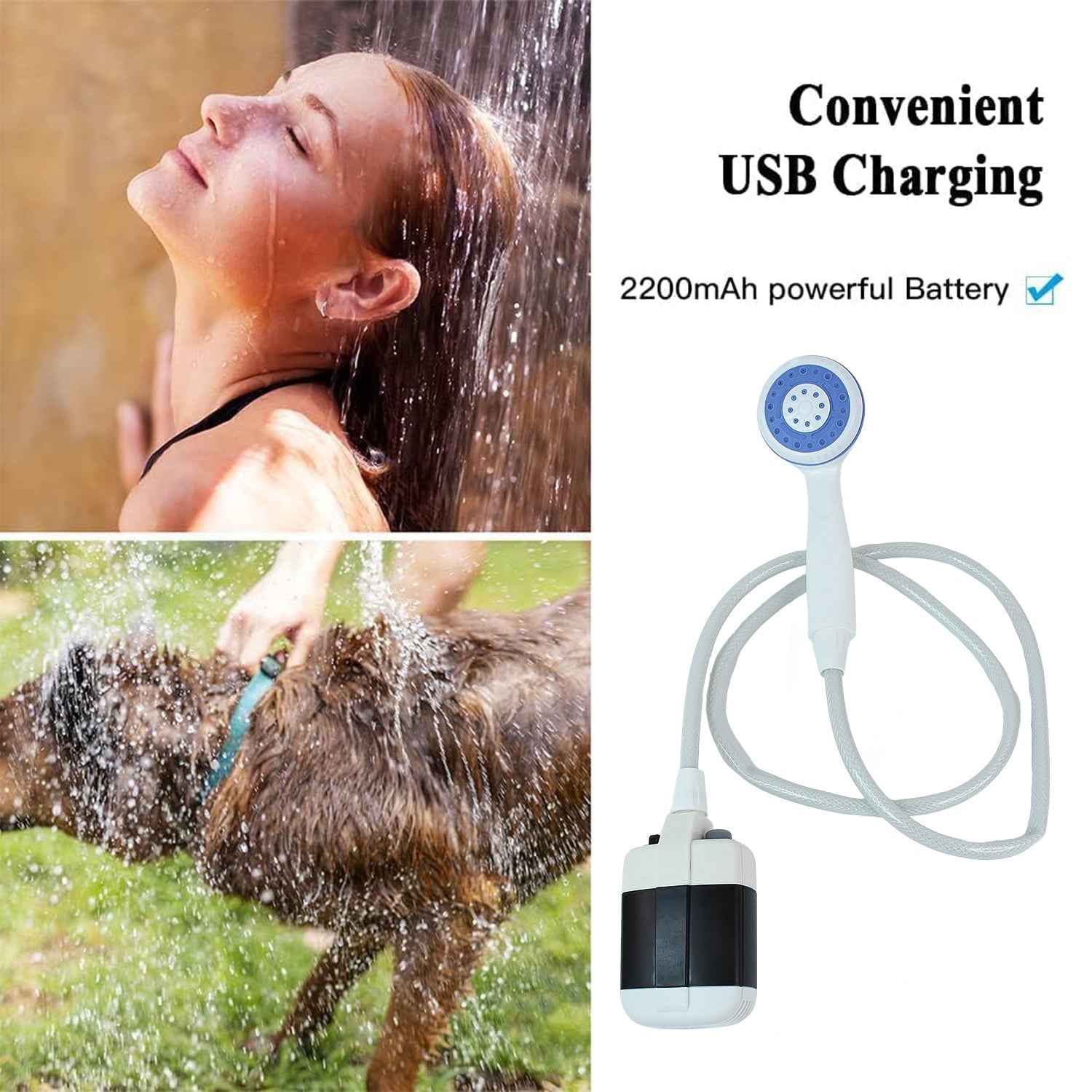 Cordless portable outdoor shower showing USB rechargeable submersible pump