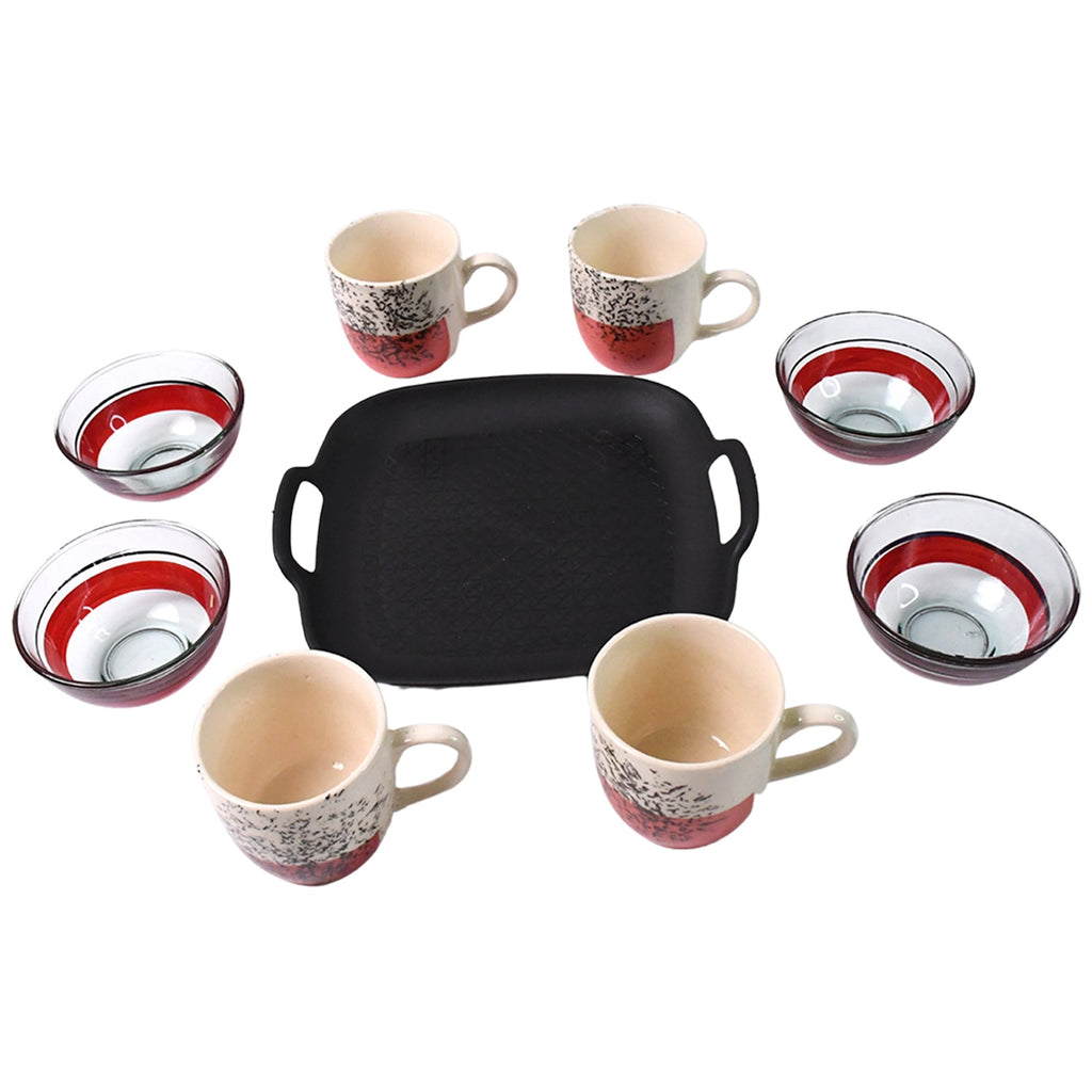 Full set of ceramic cups, glass bowls, and plastic serving plate
