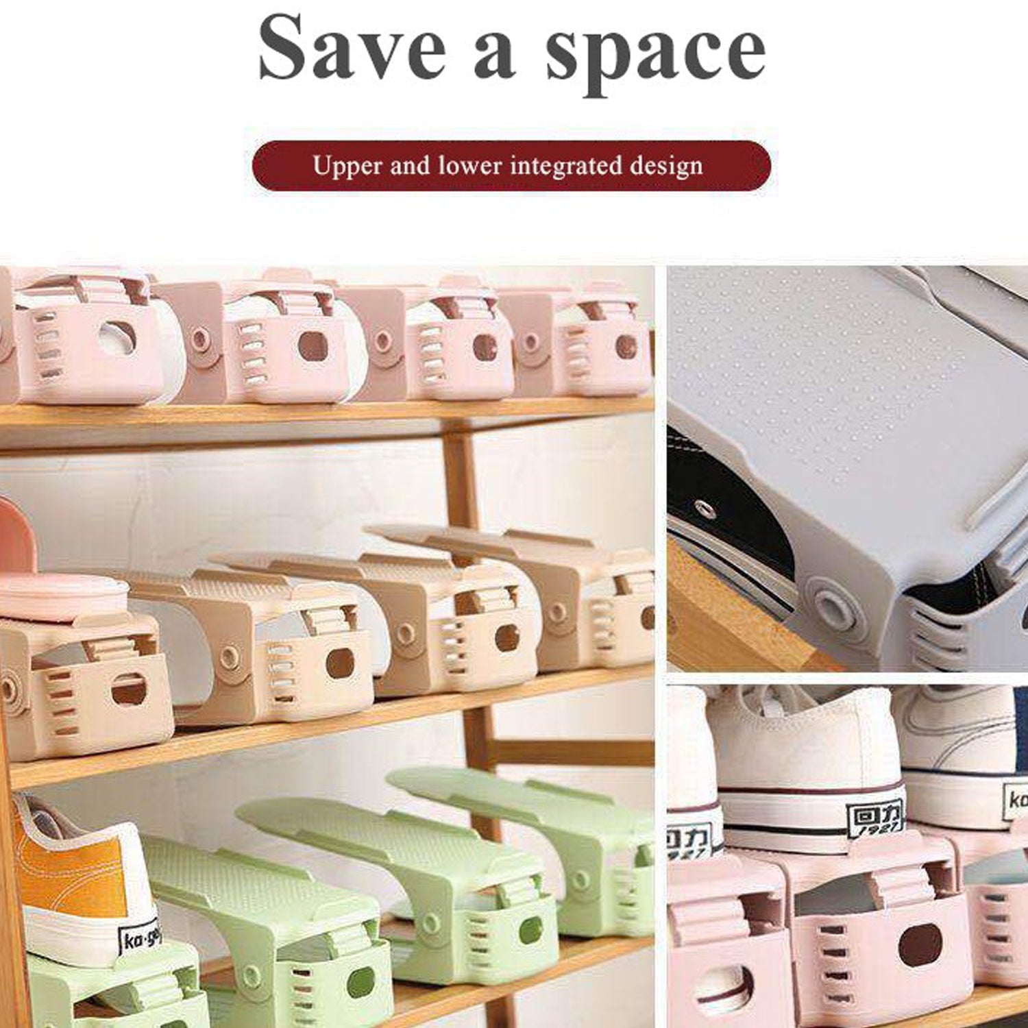 Multiple adjustable shoe slot holders, folded for easy storage when not in use.