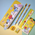 Overhead view of the 12-piece school supply kit for kids, including sharpener and pencil.