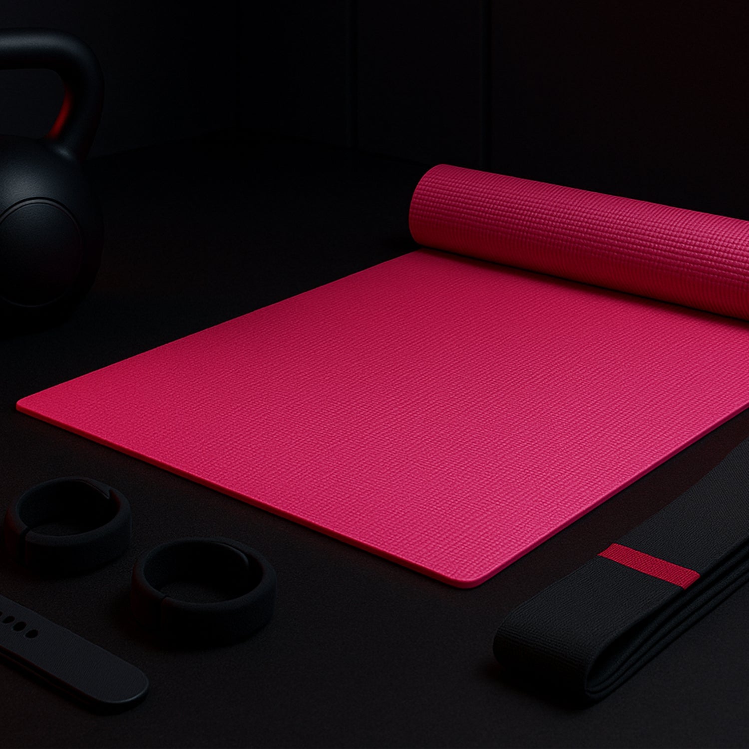 Yoga mat rolled up with a carrying strap, ready for travel.