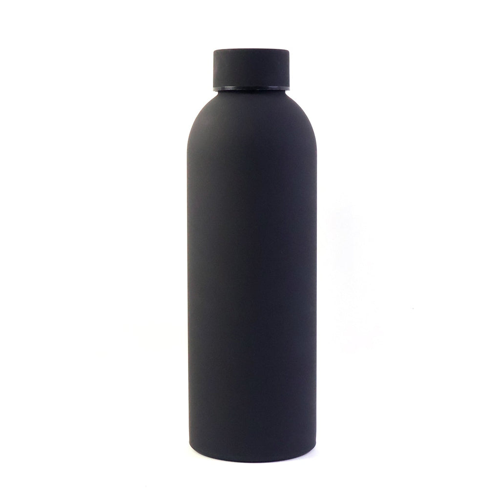 Black water bottle from stainless steel shown with close-up details
