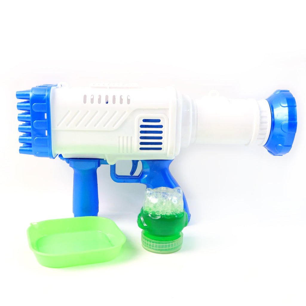 A powerful bubble gun toy creates a flurry of bubbles floating in the air.