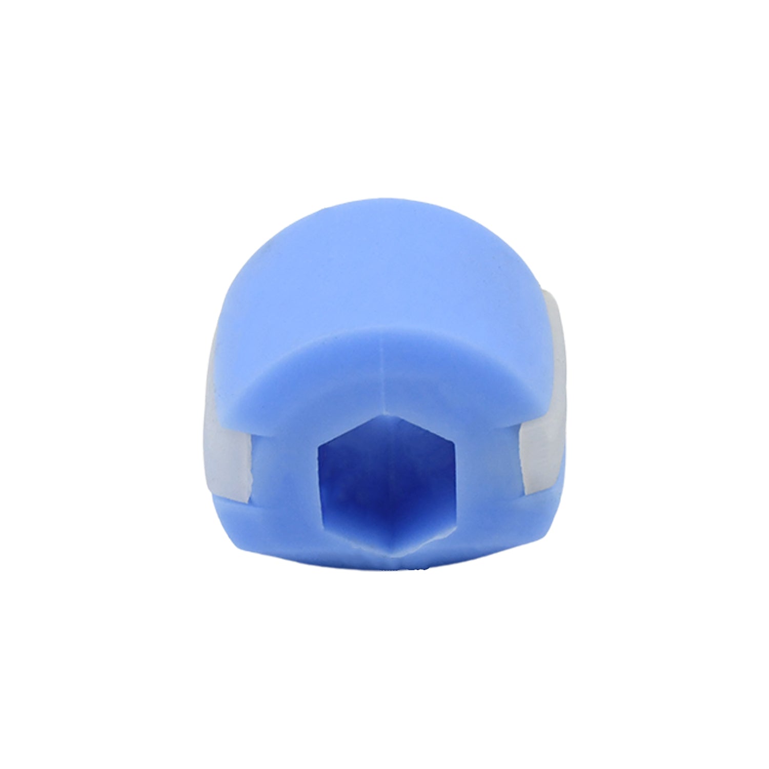 User demonstrating the correct placement of the blue jawline exerciser in the mouth.