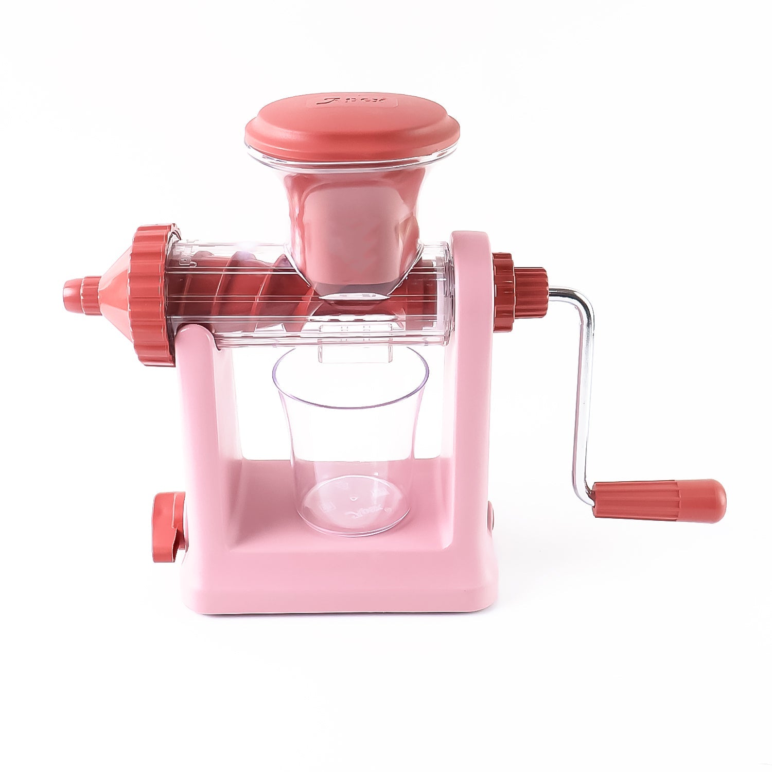 Angled view of manual juice extractor with large feeding tube