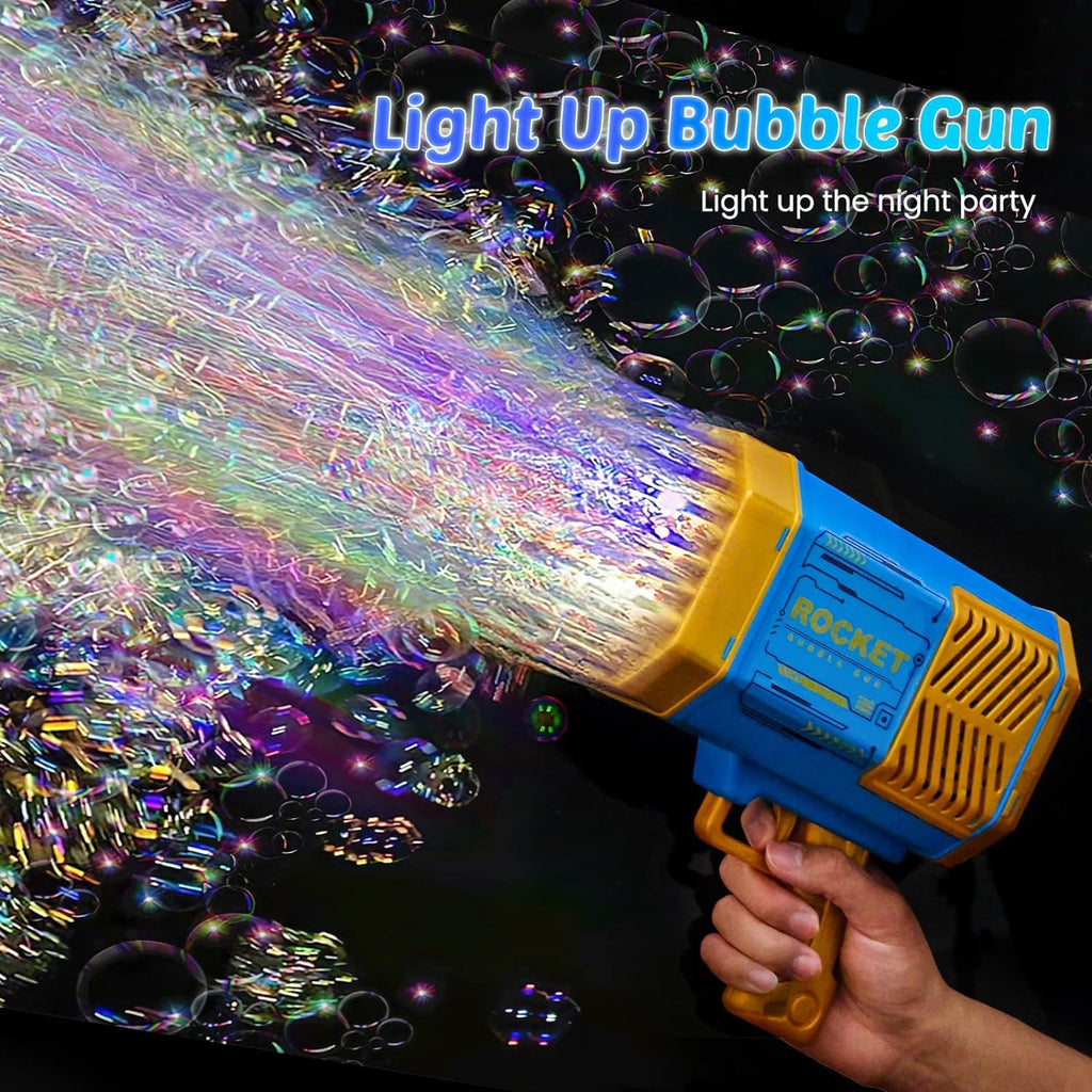 The charging port and cable for the powerful rechargeable bubble gun are highlighted.