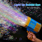 The charging port and cable for the powerful rechargeable bubble gun are highlighted.