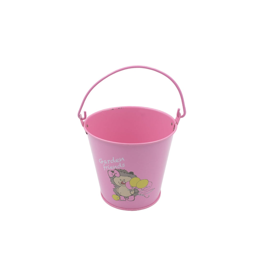Side angle of a versatile metal planter bucket, great for home decor accents.