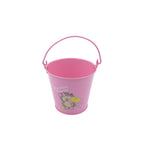 Side angle of a versatile metal planter bucket, great for home decor accents.