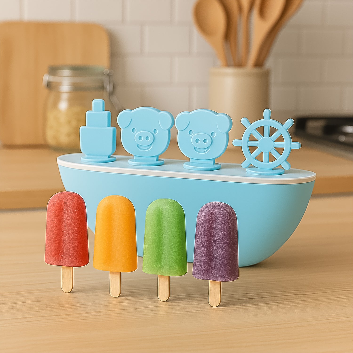 Gift-ready boat-shaped popsicle maker with four adorable cavities including piggy design