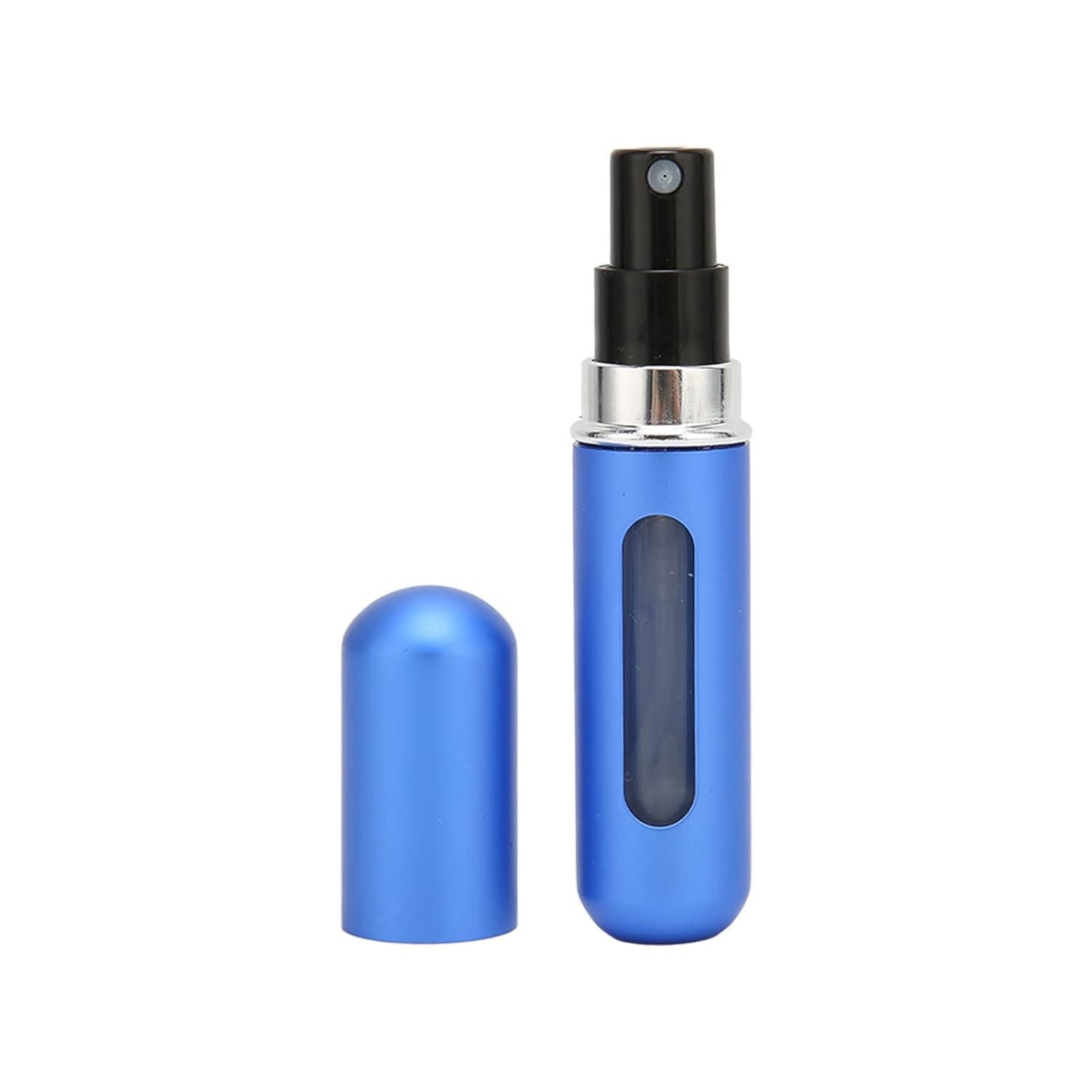 Metallic pink finish on a compact refillable perfume bottle for women.