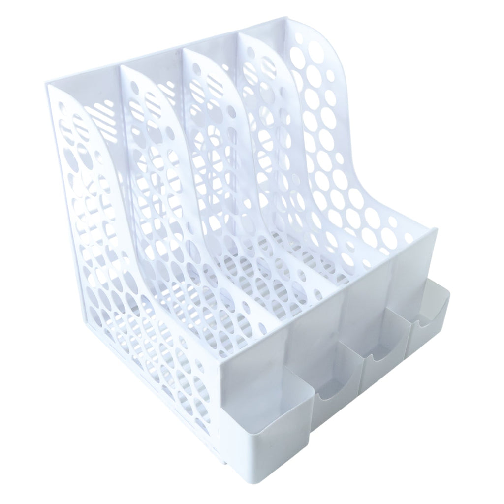 File holder with multiple vertical slots to organize documents and notebooks.