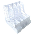 File holder with multiple vertical slots to organize documents and notebooks.