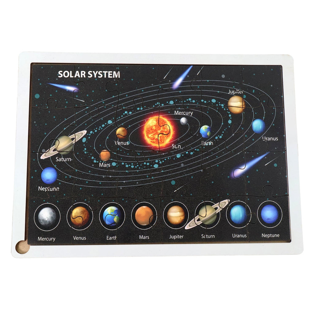Solar orbit puzzle showing the Sun and planets in a wooden tray base