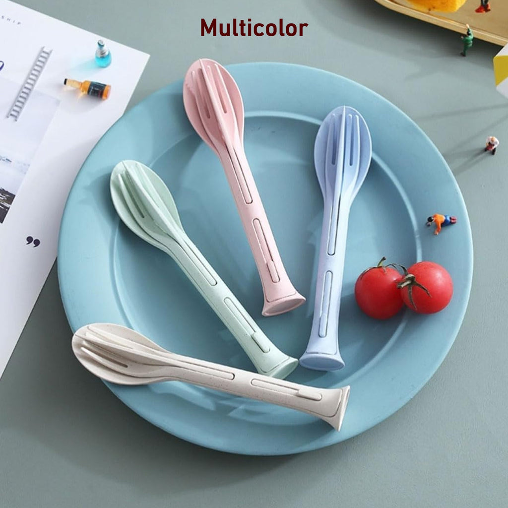 The durable plastic reusable cutlery set showcasing its lightweight and easy-to-handle nature.