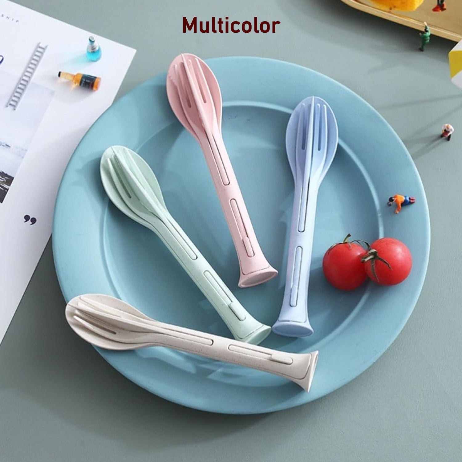 The durable plastic reusable cutlery set showcasing its lightweight and easy-to-handle nature.