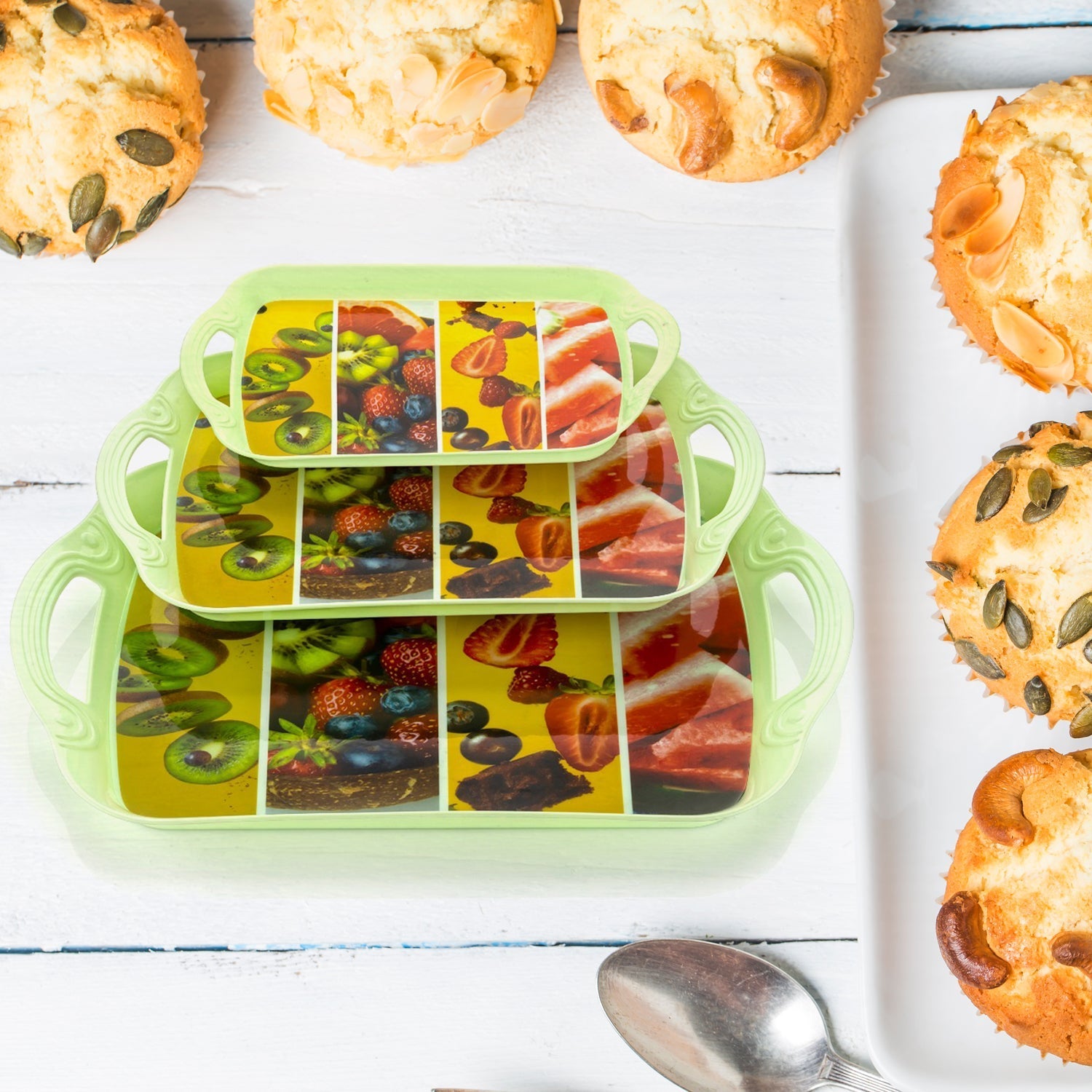 Decorative multicolor serving tray set in three sizes ideal for parties and events.