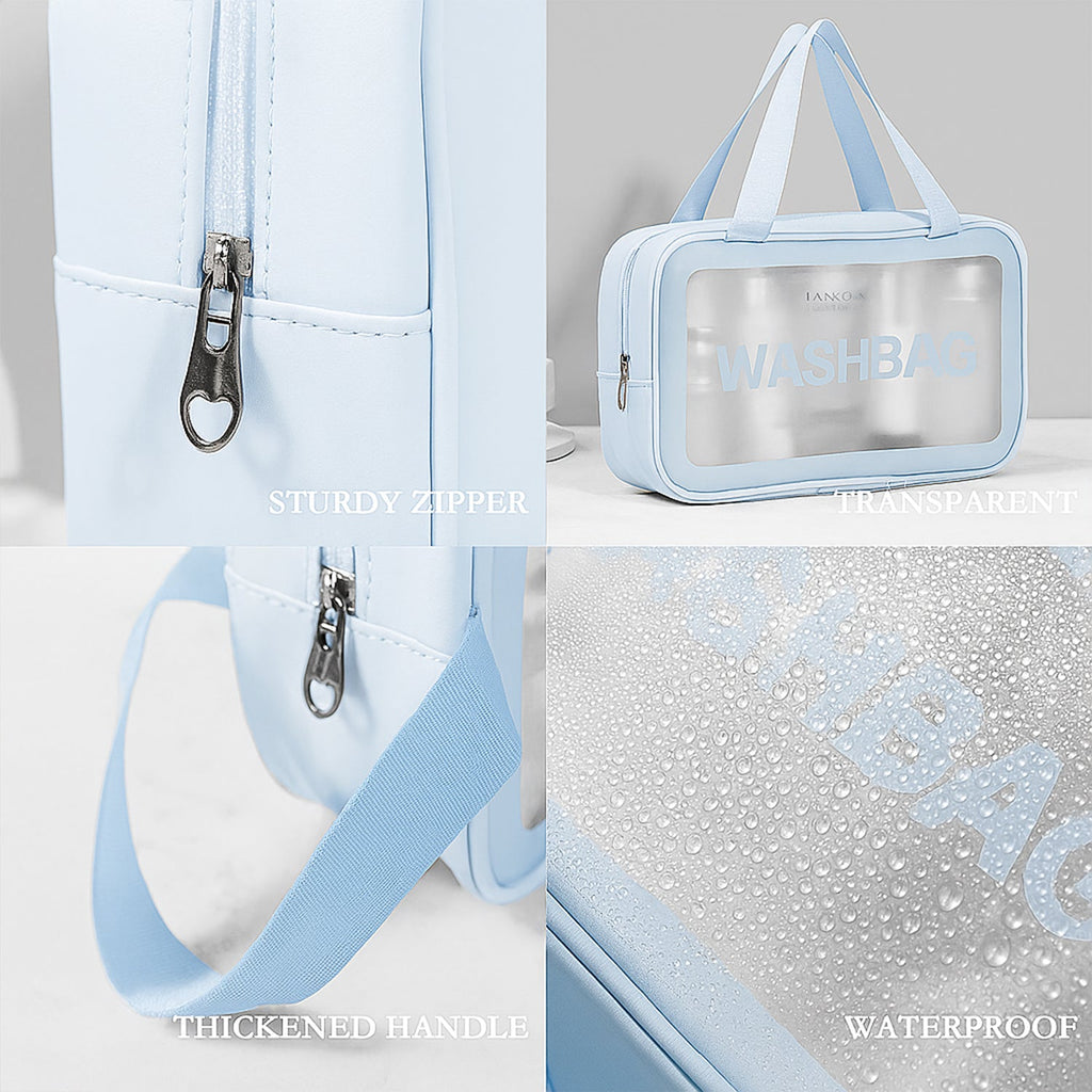 Close-up of clear PVC and nylon waterproof material of travel toiletry pouch set