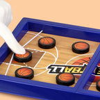 Close-up of the durable PVC game board and orange pucks for the desktop basketball game.