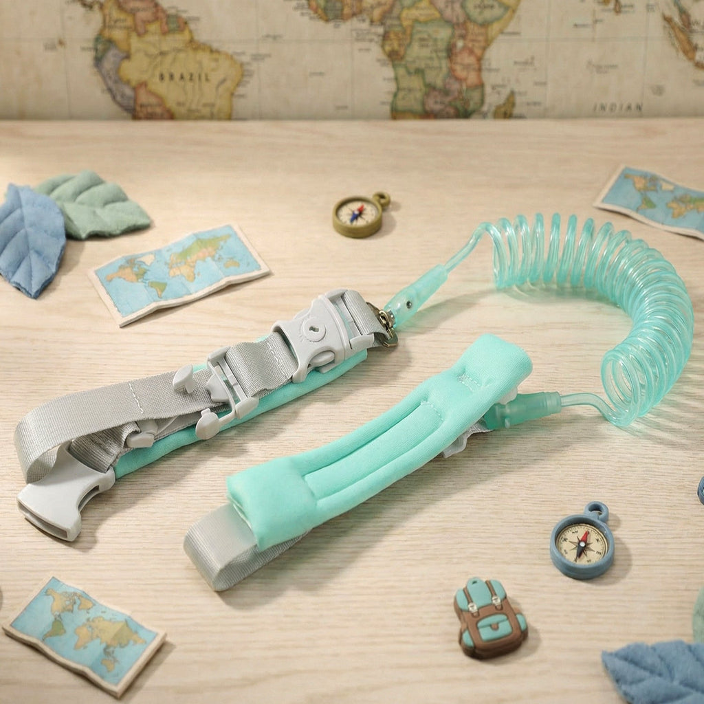Close-up of elastic baby safety leash strap with padded wrist cuffs