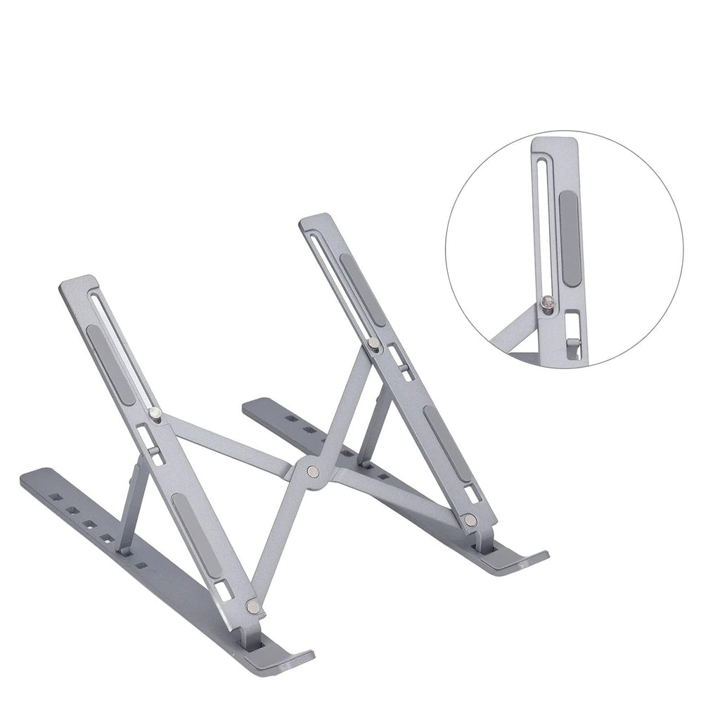 The metal portable laptop stand holds a laptop at an optimized height for comfortable viewing.