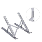 The metal portable laptop stand holds a laptop at an optimized height for comfortable viewing.
