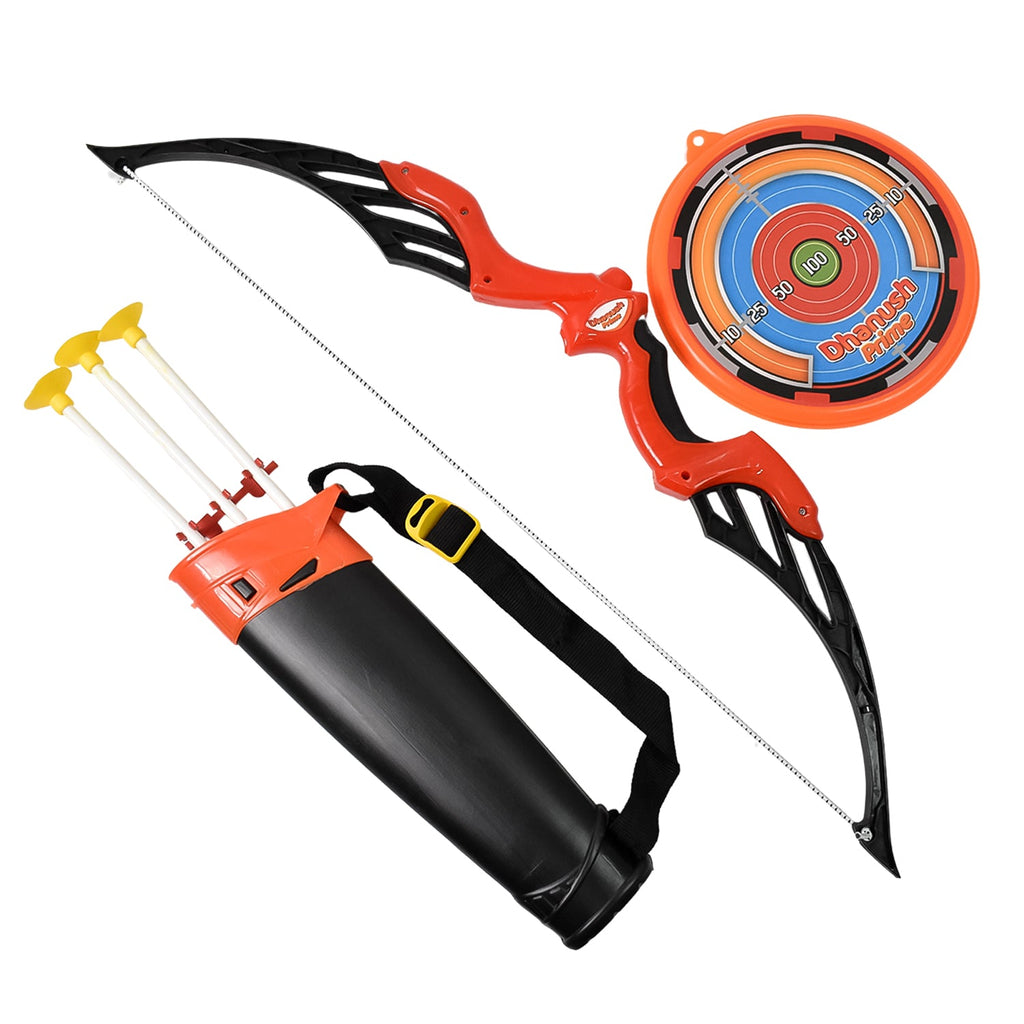 Detail of the plastic dhanush and suction-cup arrows, highlighting the safe design of the Kids Archery Set for children.