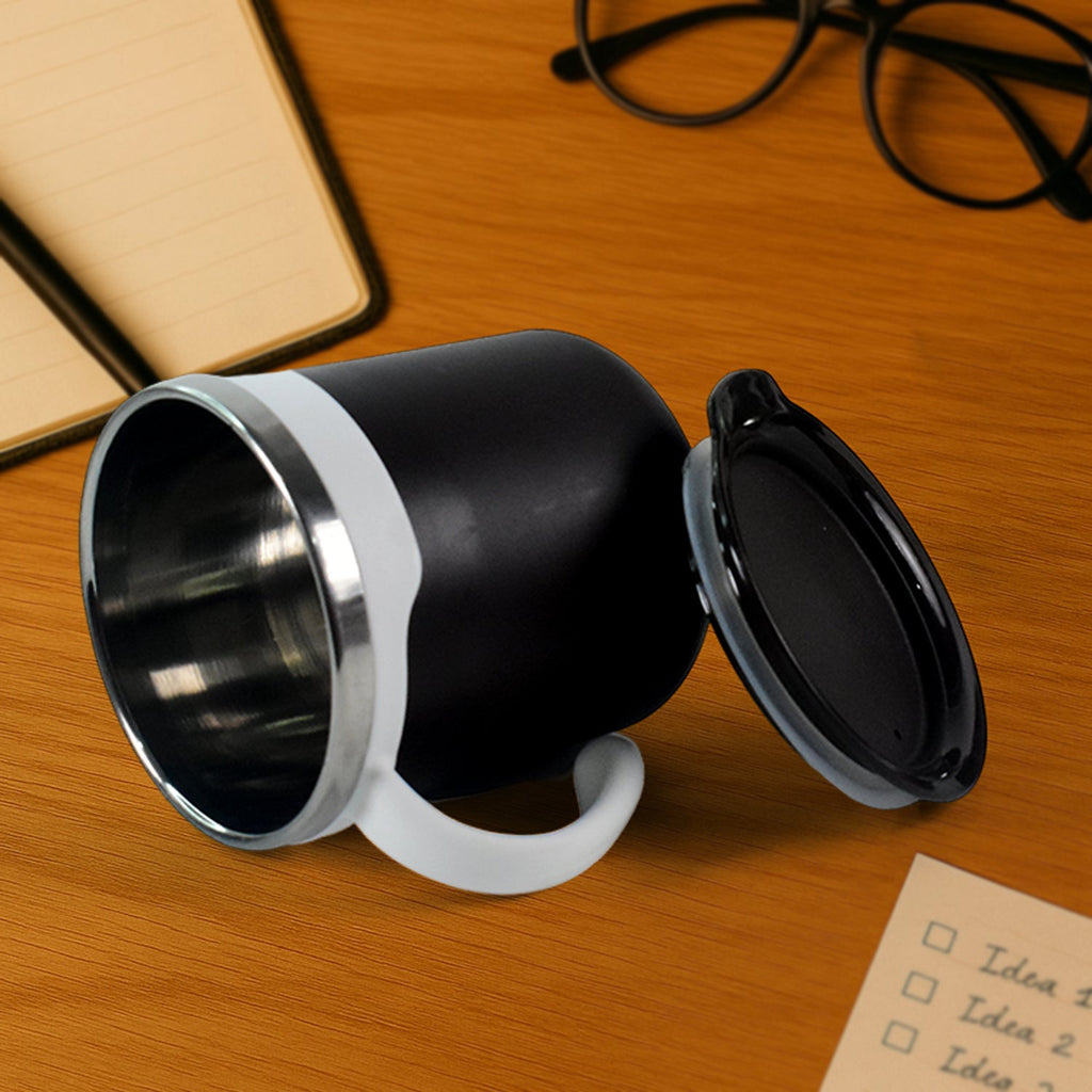 Pair of mocha coffee mugs showcasing their matte black finish and white handles.