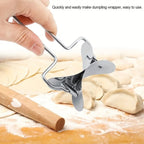 Hands using the puri cutter roller on a sheet of dough for easy puri making.