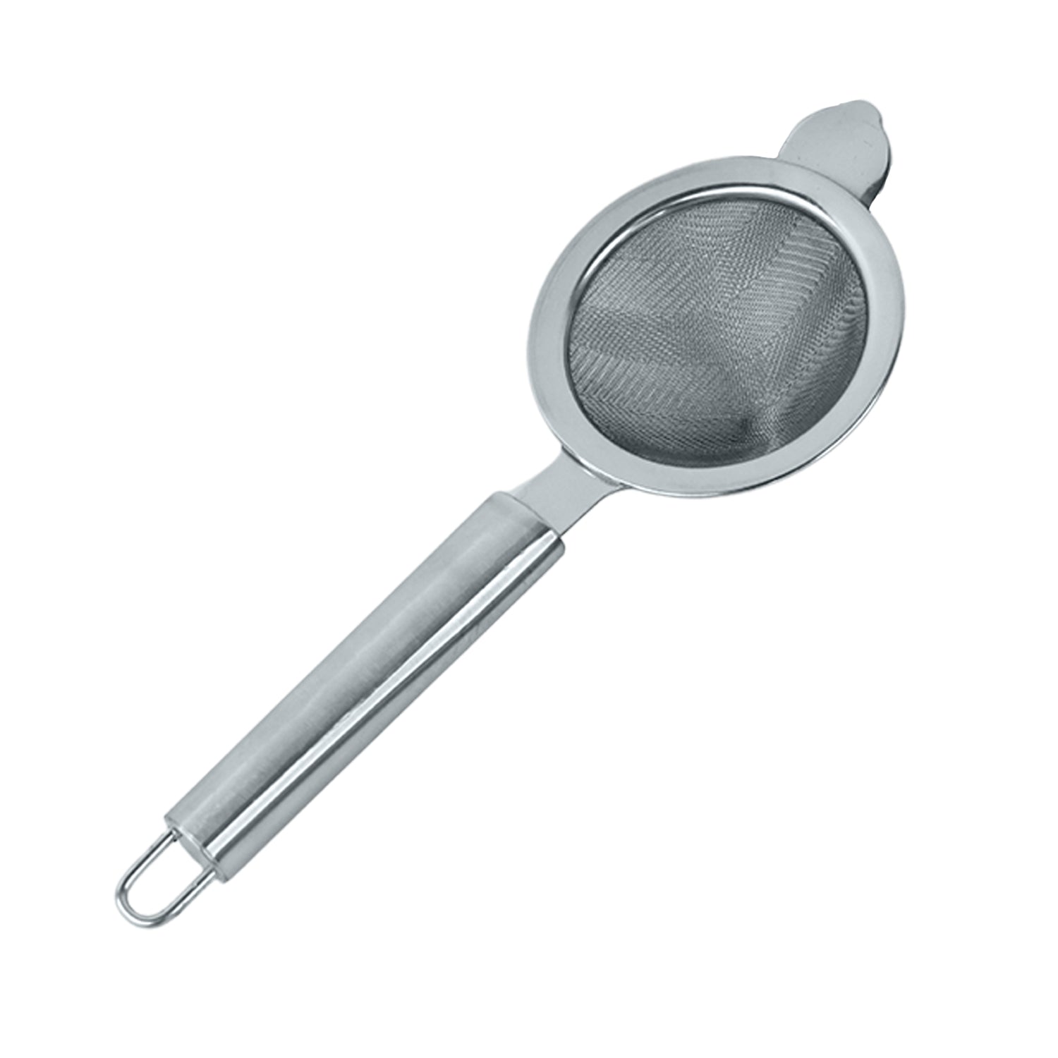 Conical stainless steel tea strainer hanging on kitchen hook