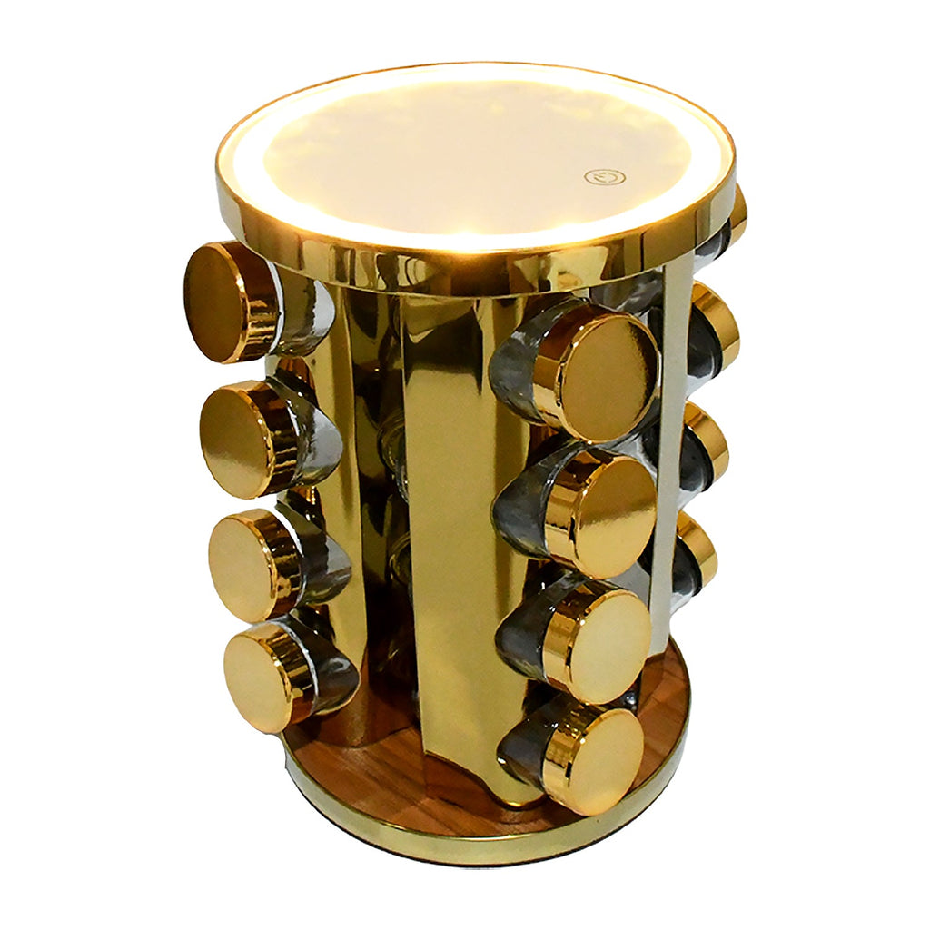 Elegant golden LED spice rack holding 16 clear glass seasoning jars.