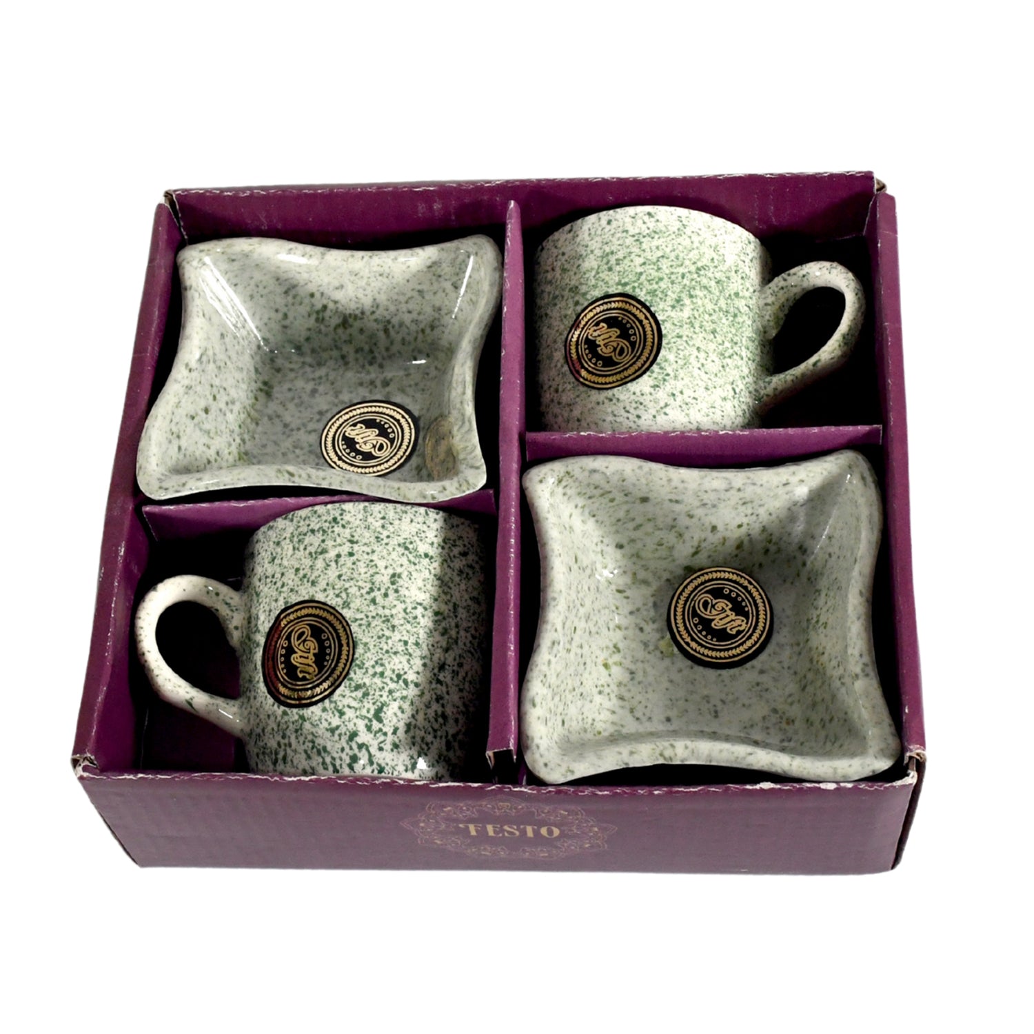 Secure, branded packaging for the ceramic tea cup and snack bowl gift set.