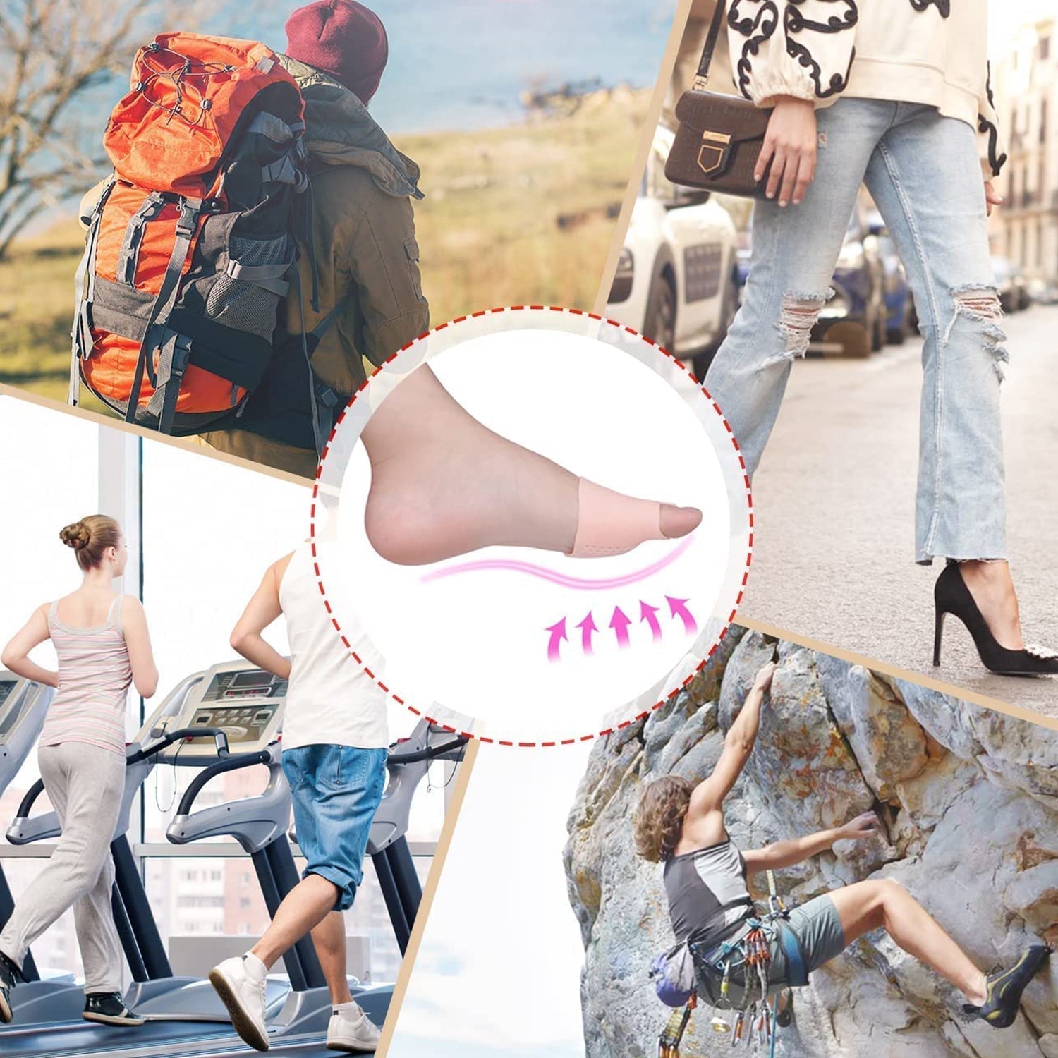 Graphic illustrating how a silicone tiptoe protector reduces pressure points on the forefoot.