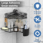 Black iron-coated stainless steel corner shelf organizer with integrated hooks for hanging towels
