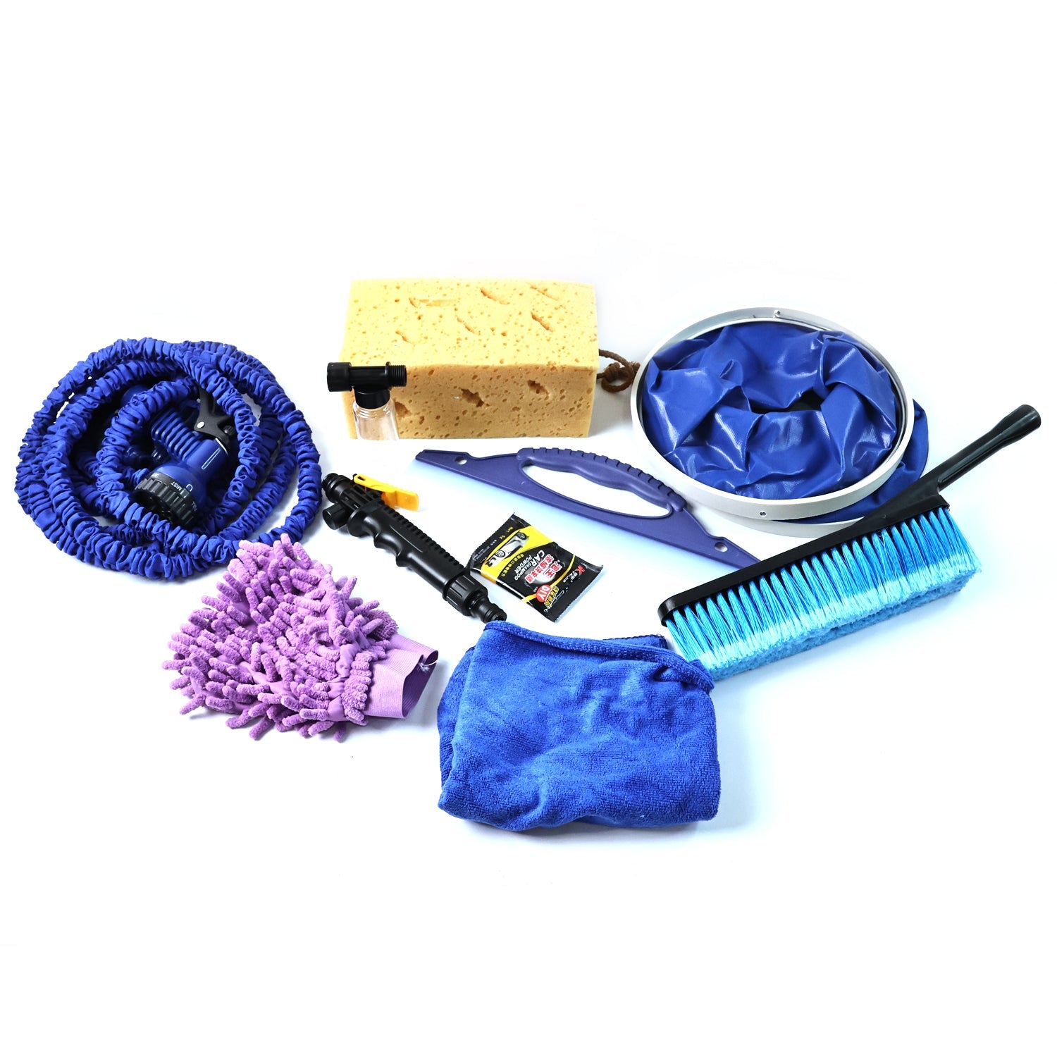 Car wash essentials kit including brush, glove, and sponge