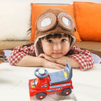 Child riding a colorful, safe ride-on toy with parents watching.