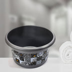 Stylish 7-piece plastic bathroom set displayed, highlighting its floral design and practical items.