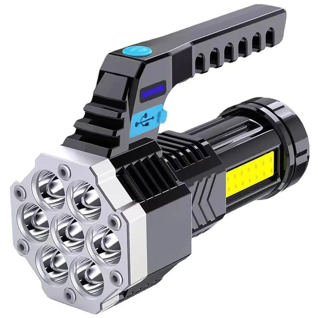 Handheld rechargeable LED flashlight with COB side light providing wide floodlight.